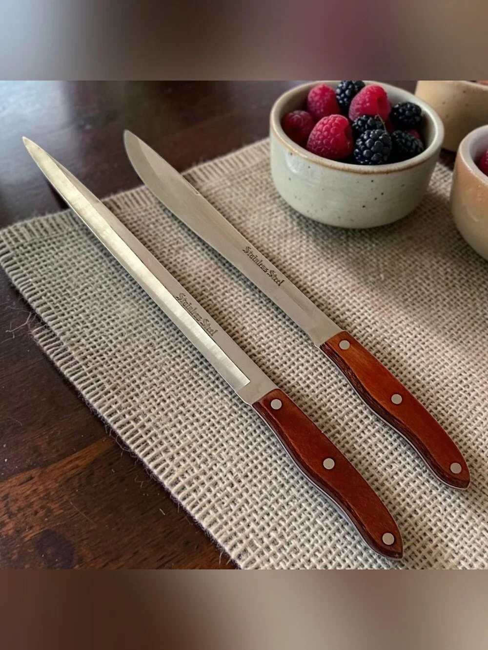 2 Interpur Japan Carving Knives Stainless Steel Blades Wood Handles Full Tang